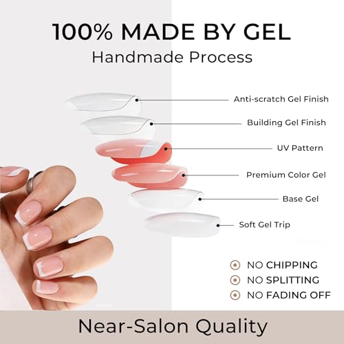 Trilumity Glossy French Tip Reusable Short Square Soft Gel - Nude Pink Press On Nails