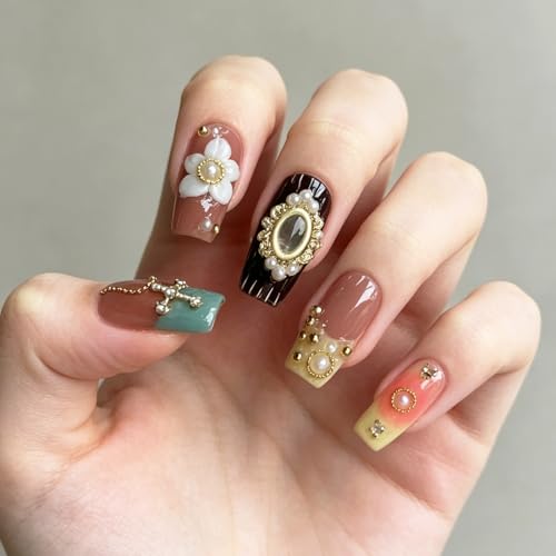 Trilumity Thick With 3D Rhinestones Short Square Acrylic - Gold Press On Nails