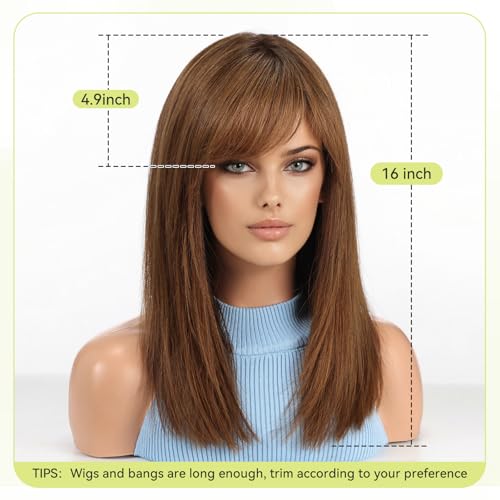 RSY 100% Human Hair Wigs for Women, Ombre Brown Shoulder Length Straight Layered Wig with Bangs, Natural Real Hair for Daily and Party Wear