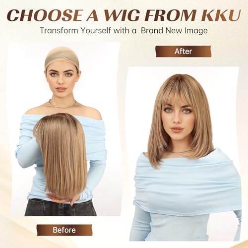 KKU 14 Inch Brown Mixed Blonde Layered Straight Human Hair Wig with Bangs, Human Hair Wigs for Women, Wear Natural Realism for Daily Use