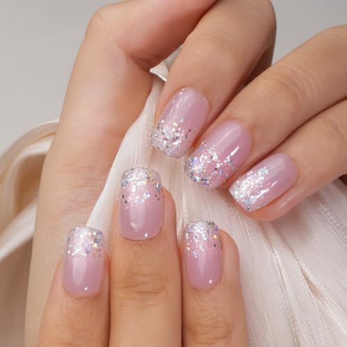 Trilumity Shining French Nail Tips Short Square Soft Gel - Nude Pink Press On Nails