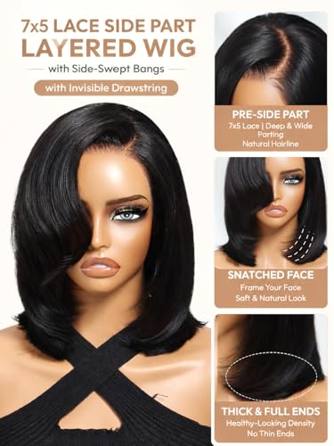Trilumity Short Layered Bob Drawstring Bob Human Hair - Natural Black Hair Replacement Wig