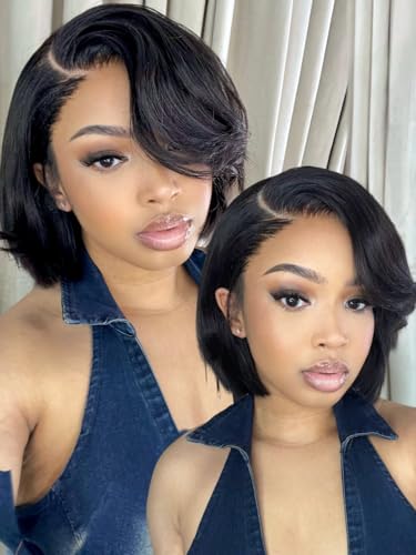 Trilumity Short Layered Bob Drawstring Bob Human Hair - Natural Black Hair Replacement Wig