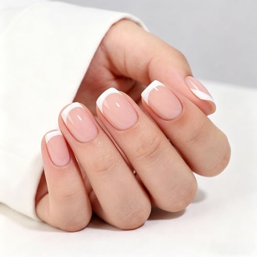 Trilumity Glossy French Tip Reusable Short Square Soft Gel - Nude Pink Press On Nails