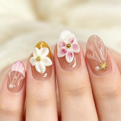 Trilumity French Shaped Decorated With Short Almond Acrylic - Pink Press On Nails