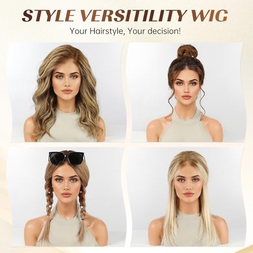 KKU 16 Inch Brown Mixed Blonde Human Hair Wigs for Women,5x5 Lace Front Wigs Human Hair,wigs for women