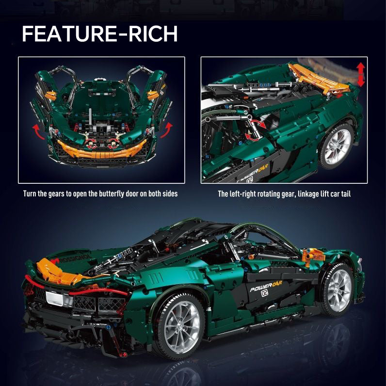 Trilumity Dark Green Beast McLaren P1 Supercar, Electric Air suspension Building Block Set, 1:8 Scale, Remote Control, 3,239-Piece