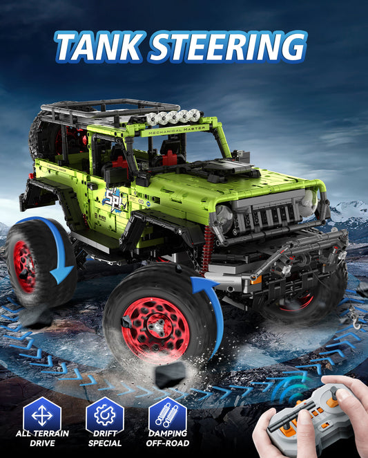 Trilumity Jeep Wrangler Off-Road Pickup with Tank Steering, Adult Collectible Model Cars Building Block Set, 1:6 Scale, 2,121-Piece