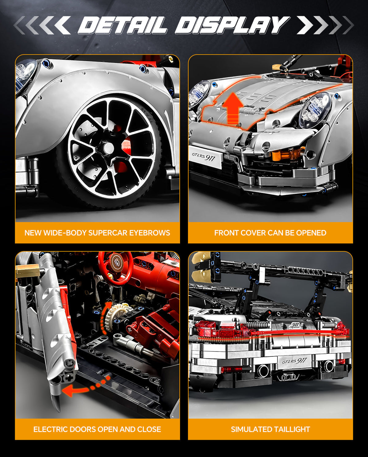 Trilumity Motorized Building Block Set: 1: 8 Sliver Porsche Gt2 RS with Electric Suspension Lifting, Electric Doors Remote Control Model (3389-Piece)