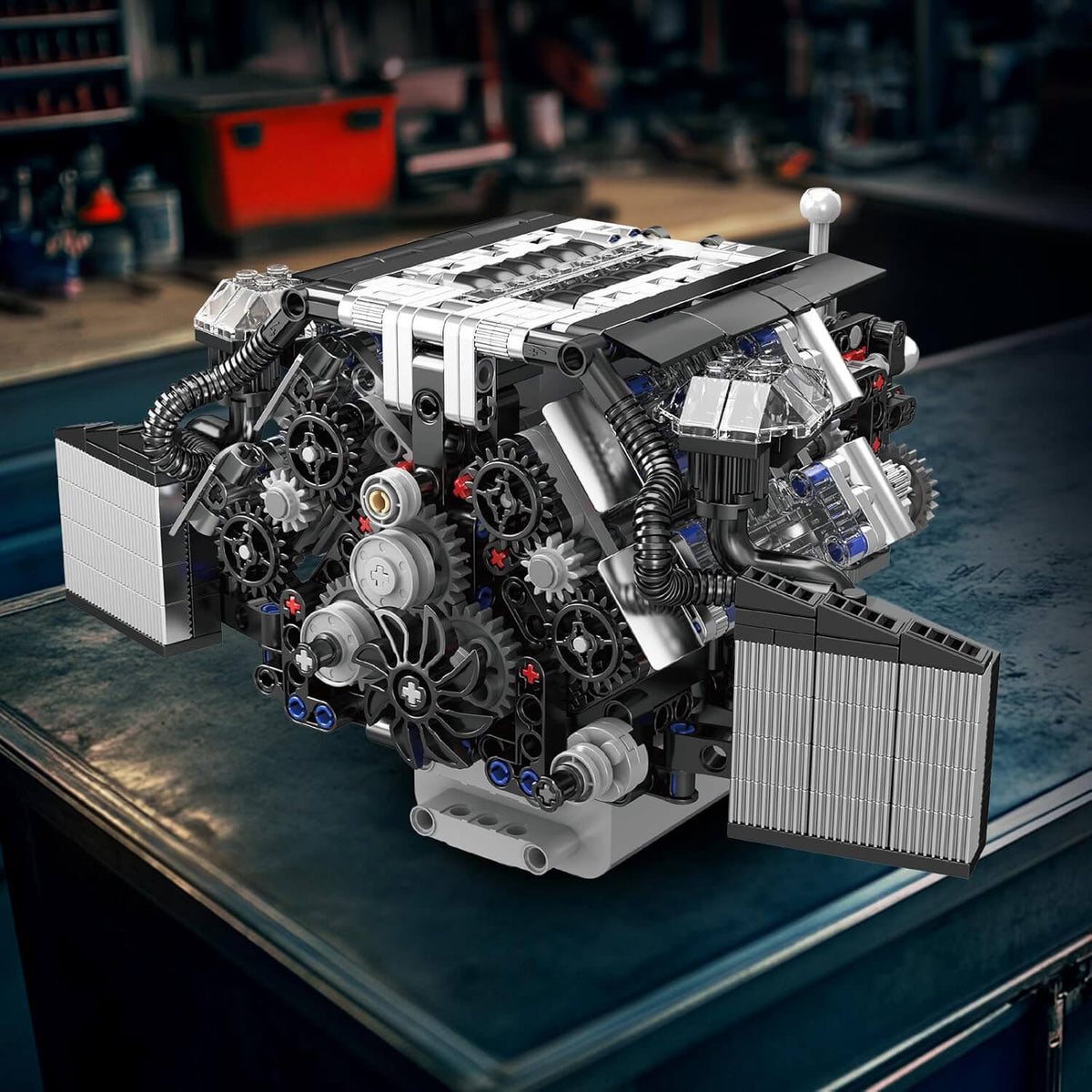 Trilumity Motorized Building Block Set: Twin Turbo W12 German Engine (870-Piece)