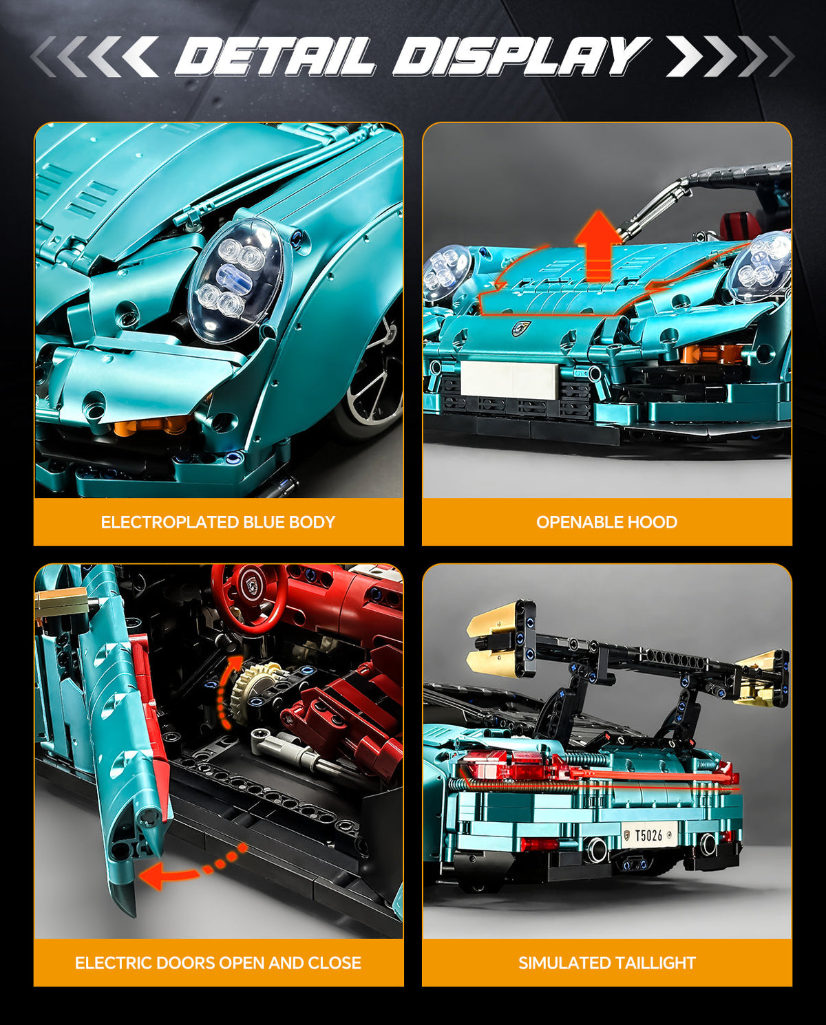 Trilumity Motorized Building Block Set: 1: 8 Blue Porsche Gt2 RS with Electric Suspension Lifting, Electric Doors Remote Control Model (3389-Piece)