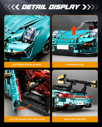 Trilumity Motorized Building Block Set: 1: 8 Blue Porsche Gt2 RS with Electric Suspension Lifting, Electric Doors Remote Control Model (3389-Piece)