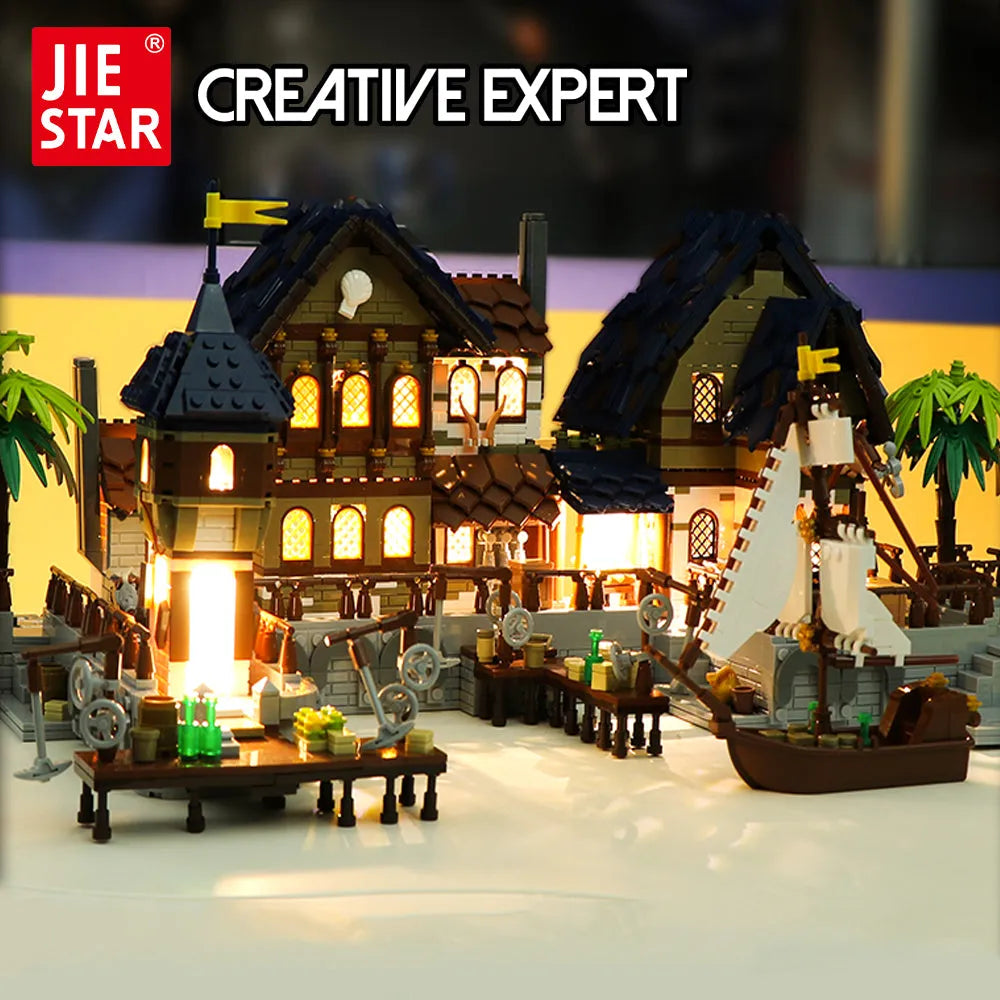 JieStar MOC Building Block Set: Experts MOC Medieval Town Harbor, Model 89152