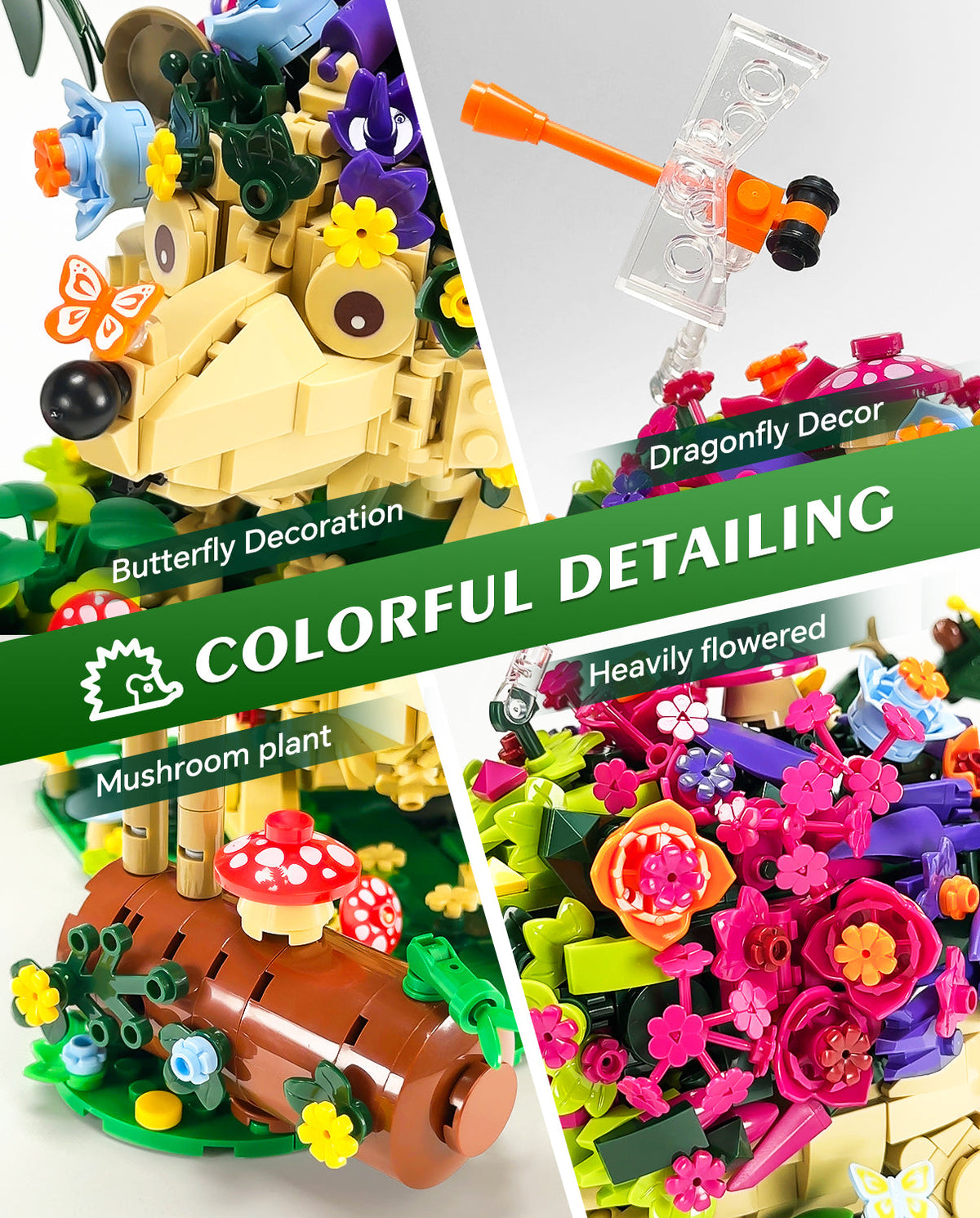 Trilumity Hedgehog Flowers, Cute Insects Animals Collection Model Jungle Animal Crossing Building Block Set, 988-Piece
