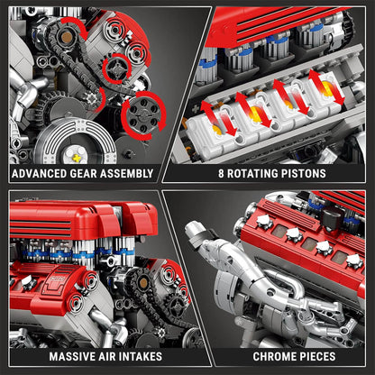 Trilumity Building Block Set: Motorised High-Revving V8 Italian Engine | Performance Engine Engineering | 1100-Piece