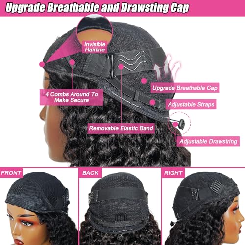 Trilumity Half Half Drawstring Seamless Deep Wave Human Hair - Natural Black Hair Replacement Wig