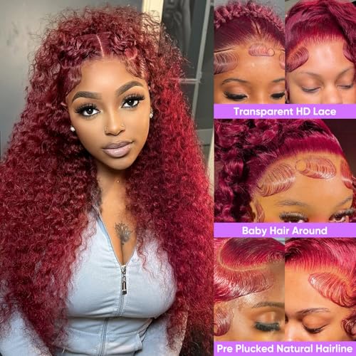 Trilumity Burgundy 99J Burgundy 13X6 Deep Wave Human Hair - Burgundy Hair Replacement Wig