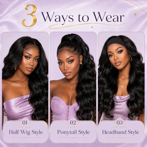 Trilumity Half 3 In 1 Body Wave Human Hair - Natural Black Hair Replacement Wig