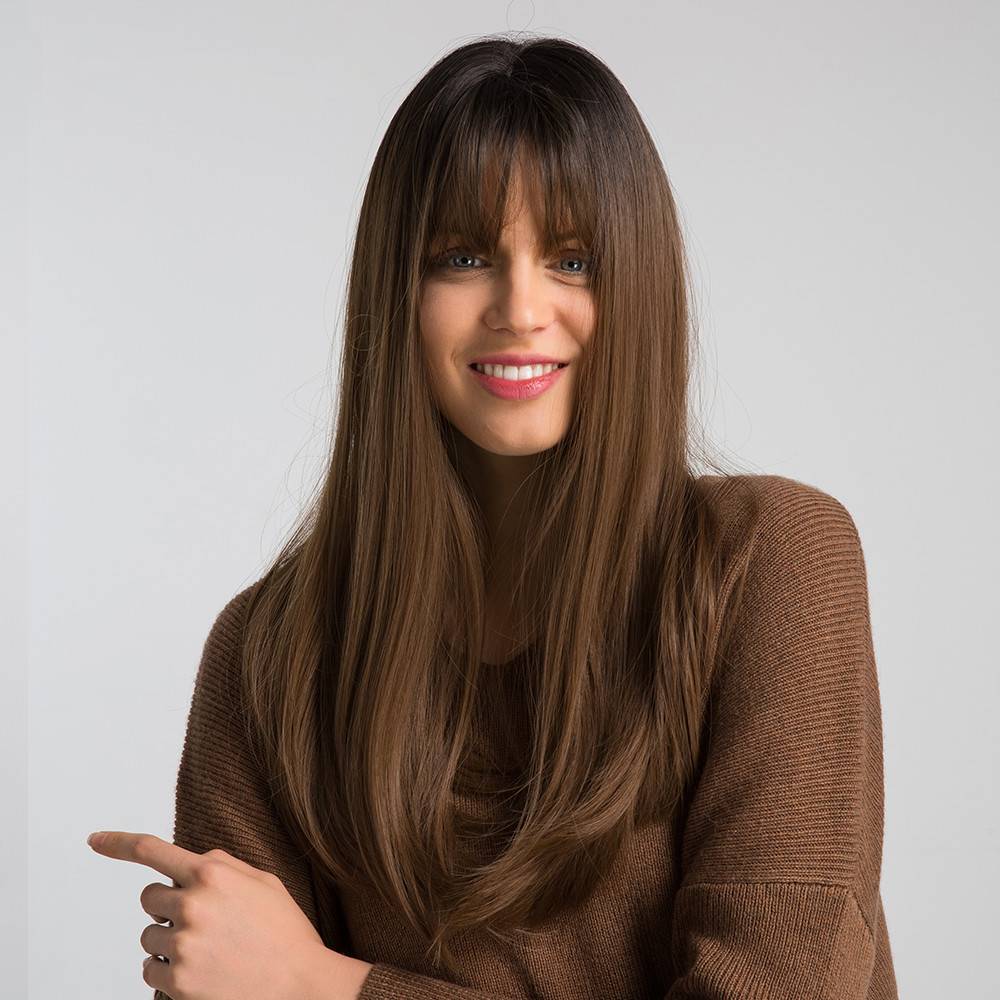 Trilumity Straight Wig with Bangs in Black, three-quarter view