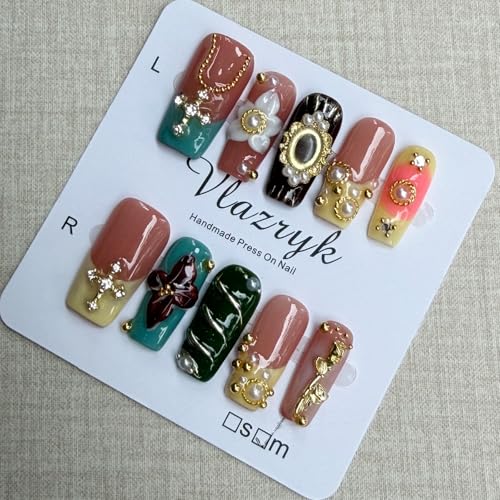 Trilumity Thick With 3D Rhinestones Short Square Acrylic - Gold Press On Nails