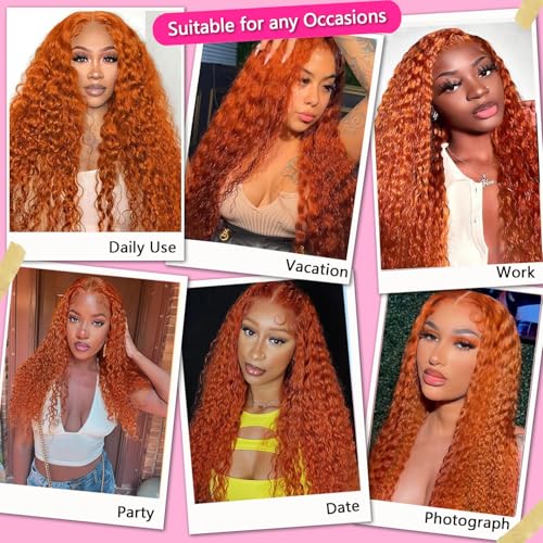 Trilumity Ginger Orange 13X4 Deep Wave Human Hair - Natural Black Hair Replacement Wig