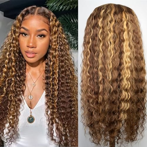 Trilumity Highlight Ombre 4/27 Wear Deep Wave Human Hair - Honey Blonde Hair Replacement Wig