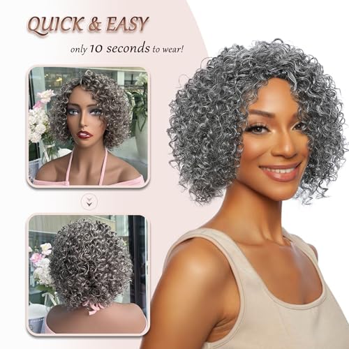 Trilumity Grey For Women Curly Human Hair - Natural Black Hair Replacement Wig