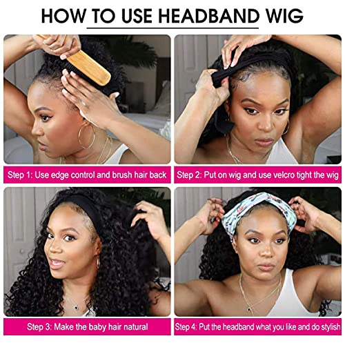 Trilumity Headband Glueless None Deep Wave Human Hair - Natural Color Hair Replacement Wig