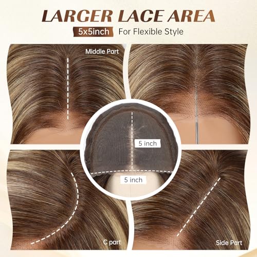 KKU 16 Inch Brown Mixed Blonde Human Hair Wigs for Women,5x5 Lace Front Wigs Human Hair,wigs for women