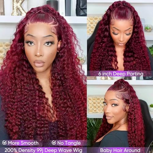 Trilumity Burgundy 99J Burgundy 13X6 Deep Wave Human Hair - Burgundy Hair Replacement Wig