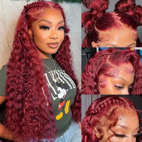 Trilumity Burgundy 250 Density Deep Wave Human Hair - Burgundy Hair Replacement Wig