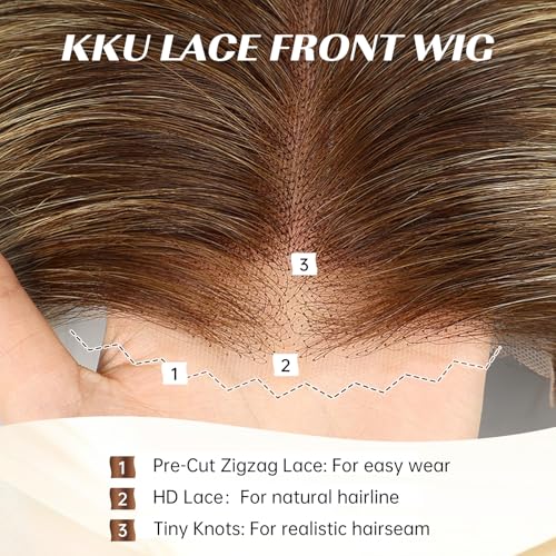 KKU 16 Inch Brown Mixed Blonde Human Hair Wigs for Women,5x5 Lace Front Wigs Human Hair,wigs for women