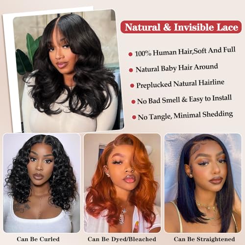 Trilumity 13X6 Bob Gluless Body Wave Human Hair - Natural Black Hair Replacement Wig