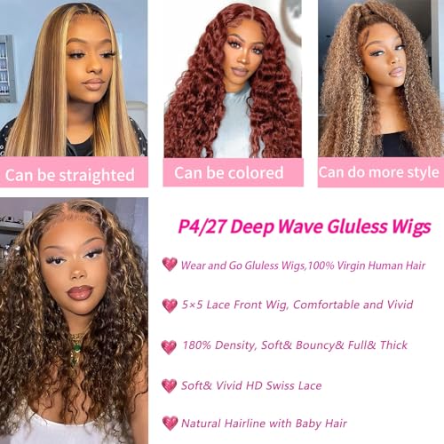 Trilumity Highlight Ombre 4/27 Wear Deep Wave Human Hair - Honey Blonde Hair Replacement Wig
