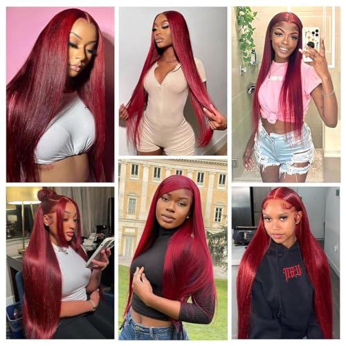 Trilumity 99J Burgundy 13X6 Straight Straight Human Hair - Burgundy Hair Replacement Wig