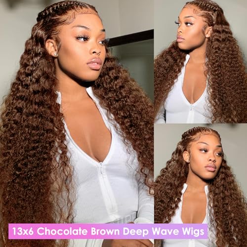Trilumity Chocolate Brown 200 Density Deep Wave Human Hair - Brown Hair Replacement Wig