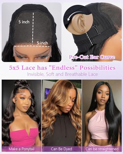 Trilumity Skinlike 5X5 Closure With Body Wave Human Hair - Natural Black Hair Replacement Wig