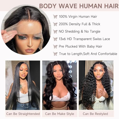 Trilumity 13X6 Front 200 Density Body Wave Human Hair - Natural Color Hair Replacement Wig