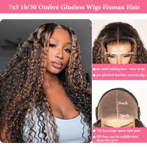 Trilumity 7X5 Highlight Ombre Glueless Deep Wave Human Hair - Natural Black Hair Replacement Wig