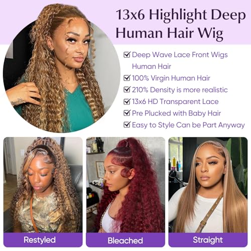 Trilumity Highlight Ombre 13X6 Hd Deep Wave Human Hair - Honey Blonde Hair Replacement Wig