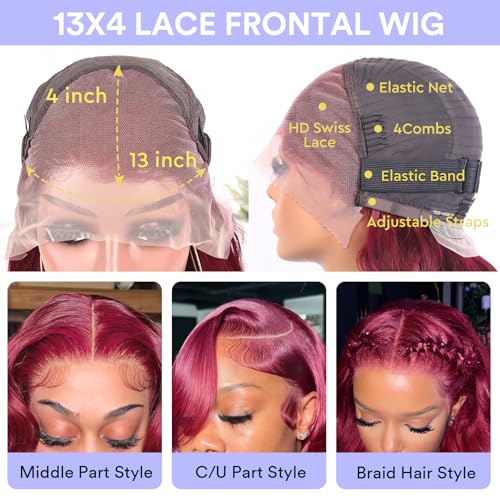 Trilumity Burgundy 13X4 200 Density Body Wave Human Hair - Burgundy Hair Replacement Wig