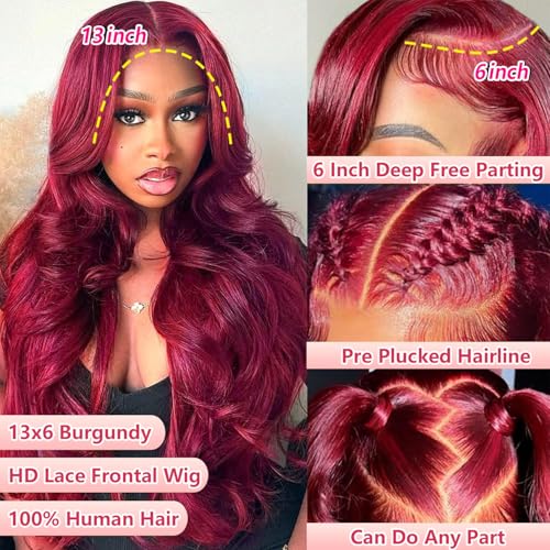 Trilumity Burgundy 13X6 99J Human Body Wave Human Hair - Burgundy Hair Replacement Wig