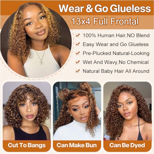 Trilumity Bob 13X4 Front For Deep Wave Human Hair - Honey Blonde Hair Replacement Wig