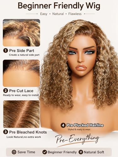 Trilumity Glueless Bob Honey Blonde Curly 100% Human Hair - Honey Blonde Hair Replacement Wig