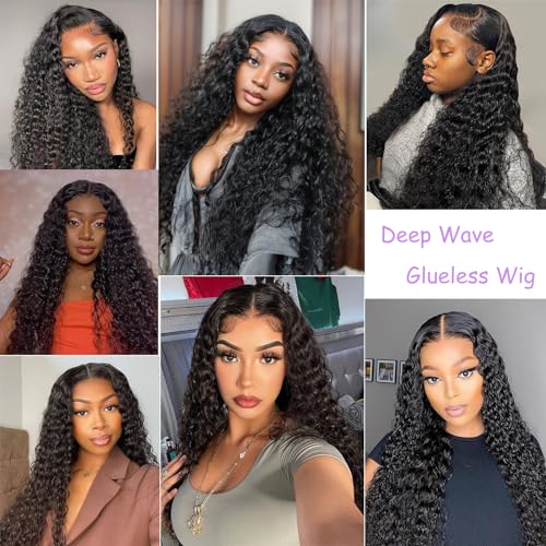 Trilumity Glueless Pre Cut 5X5 Deep Wave Human Hair - Natural Black Hair Replacement Wig