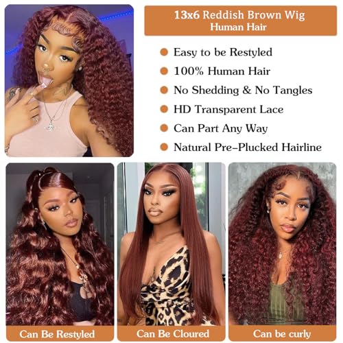 Trilumity Reddish Brown 13X6 Reddish Deep Wave Human Hair - Brown Hair Replacement Wig