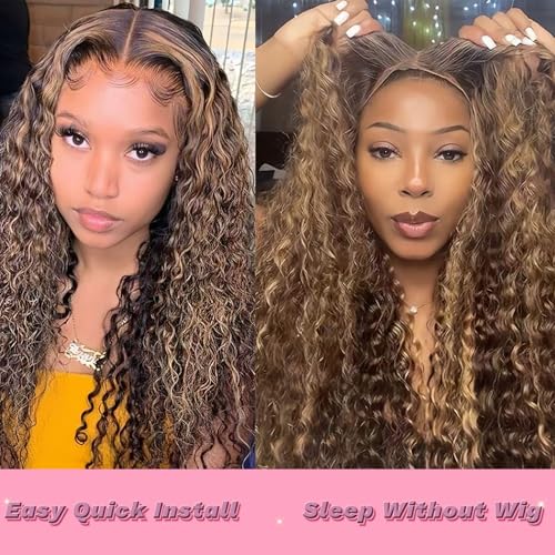 Trilumity Highlight Ombre 4/27 Wear Deep Wave Human Hair - Honey Blonde Hair Replacement Wig