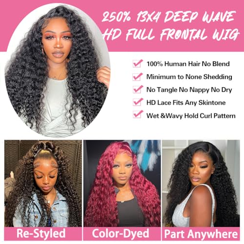 Trilumity 250 Density Front Wet Deep Wave Human Hair - Natural Black Hair Replacement Wig