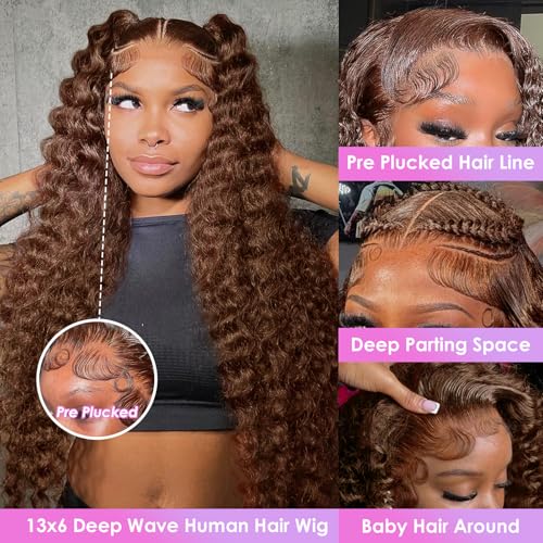 Trilumity Chocolate Brown 200 Density Deep Wave Human Hair - Brown Hair Replacement Wig