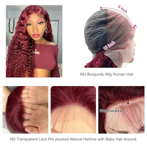 Trilumity Burgundy 99J Burgundy 13X6 Deep Wave 100% Human Hair - Burgundy Hair Replacement Wig